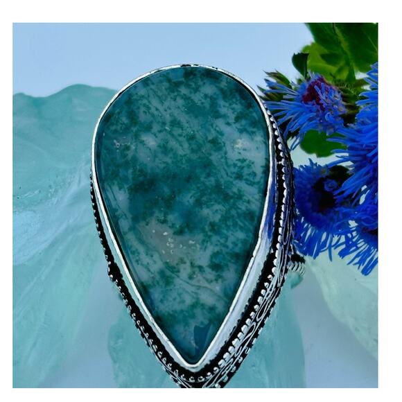925 Sterling Teardrop Moss Agate Ring  Size 8.5 - Picture 1 of 7